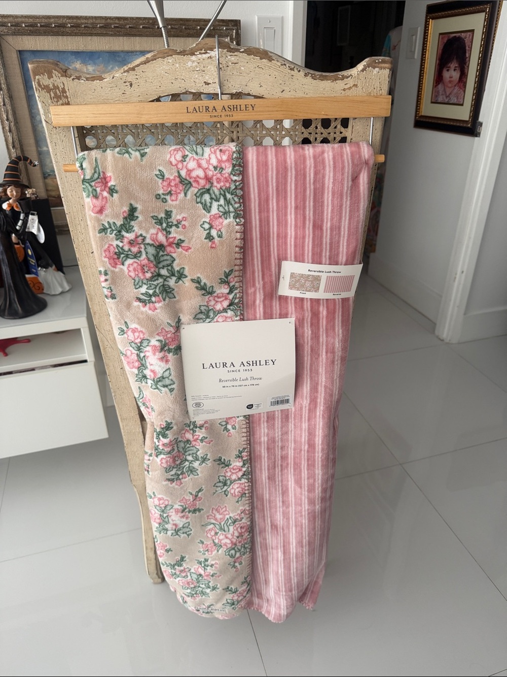 Laura Ashley Pink Floral and Stripe Reversible LushThrow Blanket